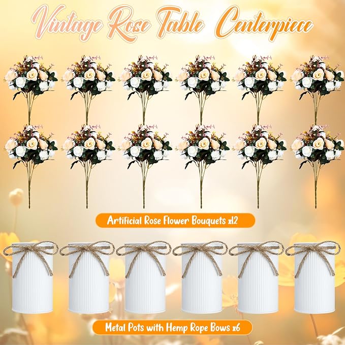 Domensi 6 Sets Wedding Centerpiece for Table Artificial Rose with Vase Fake Bouquets and Metal Pot Flower Arrangements for Bridal Shower Birthday Party Event Table Decor (Champagne)