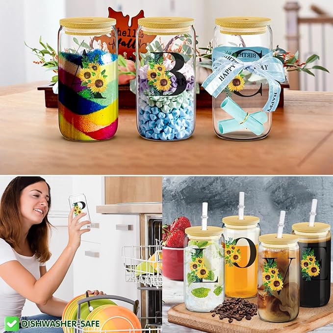 Initial Glass Cups Sunflower with Bamboo Lids and Straws,16oz Iced Coffee Mug Tumbler,Monogrammed Birthday Gifts Mother's Day Sunflower Gifts for Women,Mom,Friend,Sister