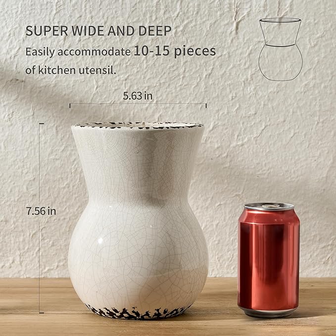 JIEMEI HOME Ceramic Kitchen Utensil Holder for Kitchen Counter, 7.56" Large Rustic Utensil Crock, Farmhouse Cooking Tool Organizer, Spatula Holder For Kitchen Decor, Antique Cracked White