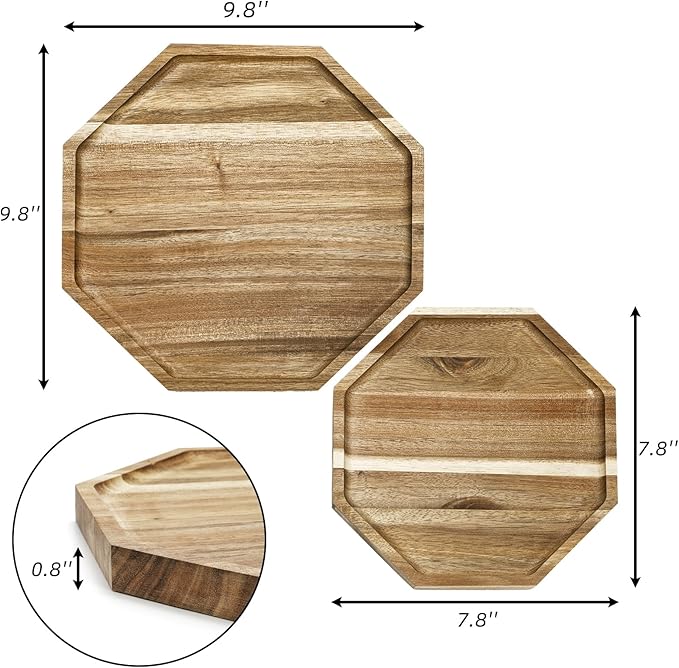 2 Pieces Wood Decorative Trays, Acacia Candle Holder Plate for Centerpiece, Octagonal Serving Tray Appetizer Board for Home, Living Room, Bathroom, Kitchen