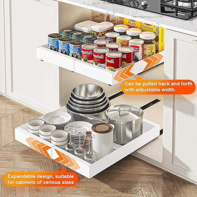 2 Pack Expandable Pull Out Cabinet Organizer, Slide Out Cabinet Shelves with 3 Quiet Rails, Nano Adhesive No Drill Roll Out Drawers for Kitchen, Pantry, Bathroom, 12.6"-20.4" W x 21" D, White