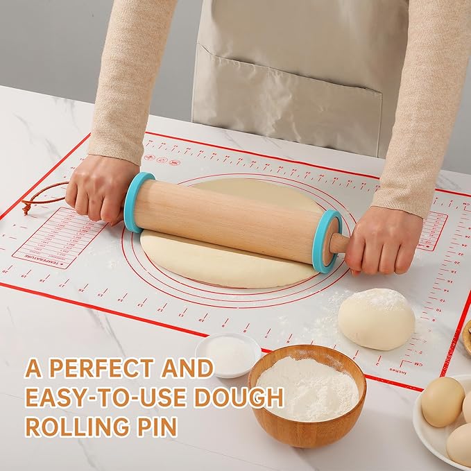 WitHlper Beechwood Rolling Pin Set with 6 Thickness Rings, Non-Slip Silicone Mat,Wood Stand – 17" Dough Roller for Baking, Pizza, Tortilla, Pastry – Wooden Rolling Pin Kit for Even Thickness