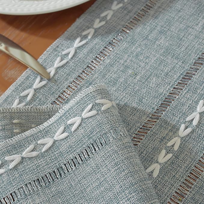 Niviy Boho Cotton Linen Blue Table Runner, Farmhouse Woven Table Runners Spring Summer Holiday Kitchen Dining Table Decoration for Home Party Decor 13 x 72