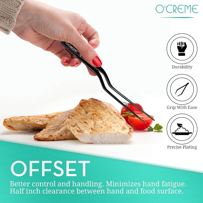 O'Creme 8 Inch Stainless Steel Precision Kitchen Culinary Offset Tweezer Tongs