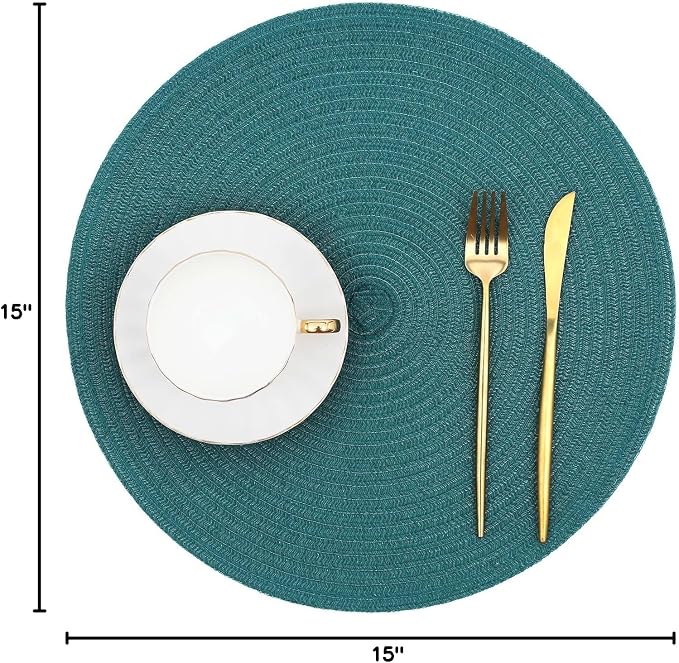 SHACOS Round Placemats Set of 8 Woven Braided Table Placemats 15 inch Circle Place Mats Washable Non Slip Table Mats for Home Wedding Party, Teal Green