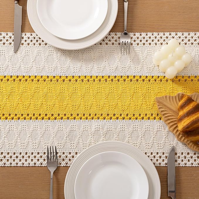 Socomi Boho Table Runner Summer Farmhouse Rustic Dining Kitchen Centerpiece Decor Small Macrame Woven Cotton Coffee Table Runner for Dresser Scarf Home Decor 12x72 in Yellow Gold Ivory