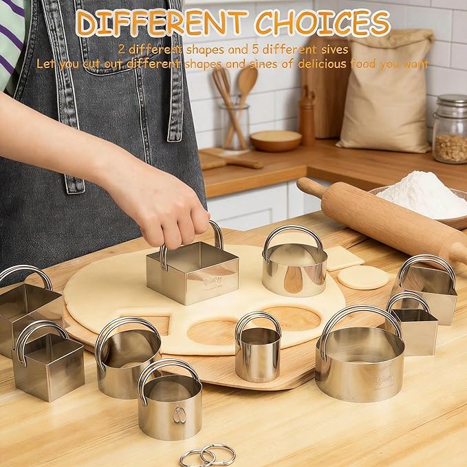 Cookie Biscuit Cutters for Baking Set of 10 pcs, Square and Round Cookie Biscuit Cutters Set with Handle, Small Cookies Biscuits Pastry Brownie Cutter Cake Cutter Tool