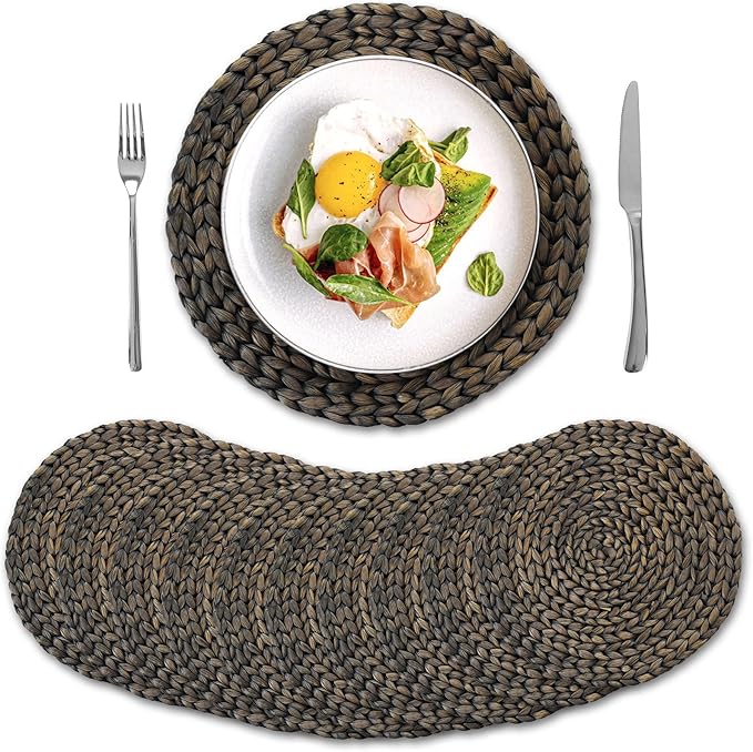 10 Pack, Round Woven Placemats, Natural Water Hyacinth Wicker Place Mats, Braided Straw Table Mats for Dining Table, Fall, Halloween, Thanksgiving, Chrismats, Black (13.8 inch)