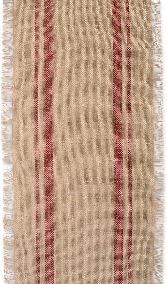 DII Jute Burlap Collection Kitchen Tabletop, Table Runner, 14x108, Double Border Barn Red