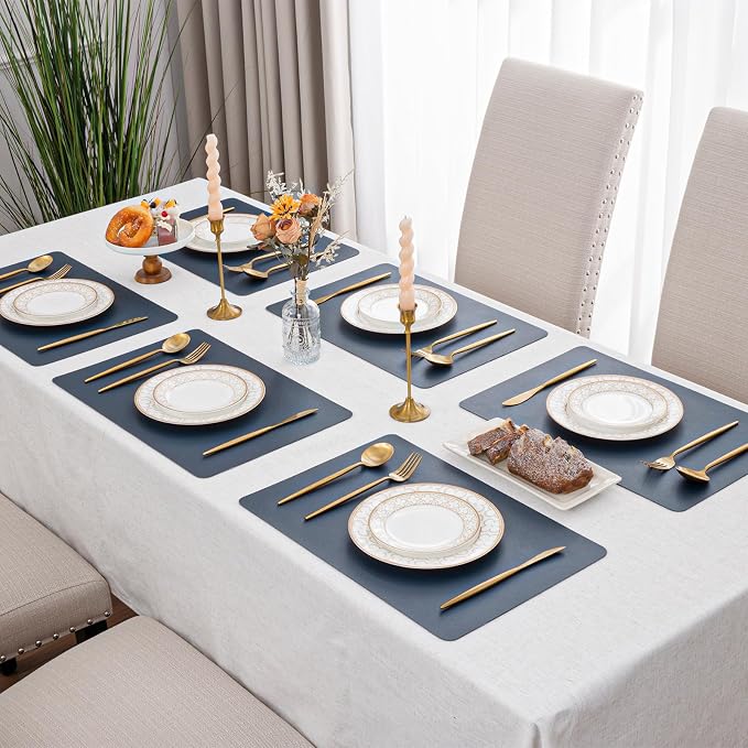 SHACOS Placemats Set of 6 Faux Leather Waterproof Leakproof Wipeable PU Non-Slip Vinyl Place Mats Heat Resistant Table Mats for Kitchen Dining Table Indoor Outdoor, Navy Blue