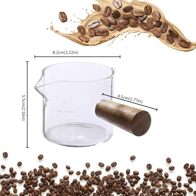 VRUIFA 2 Pack Measuring Cups, Espresso Shot Glass with Wood Handle, Clear Glass with Dual Scale, Espresso Accessories with Double Spouts, 2.5 OZ /75 ML