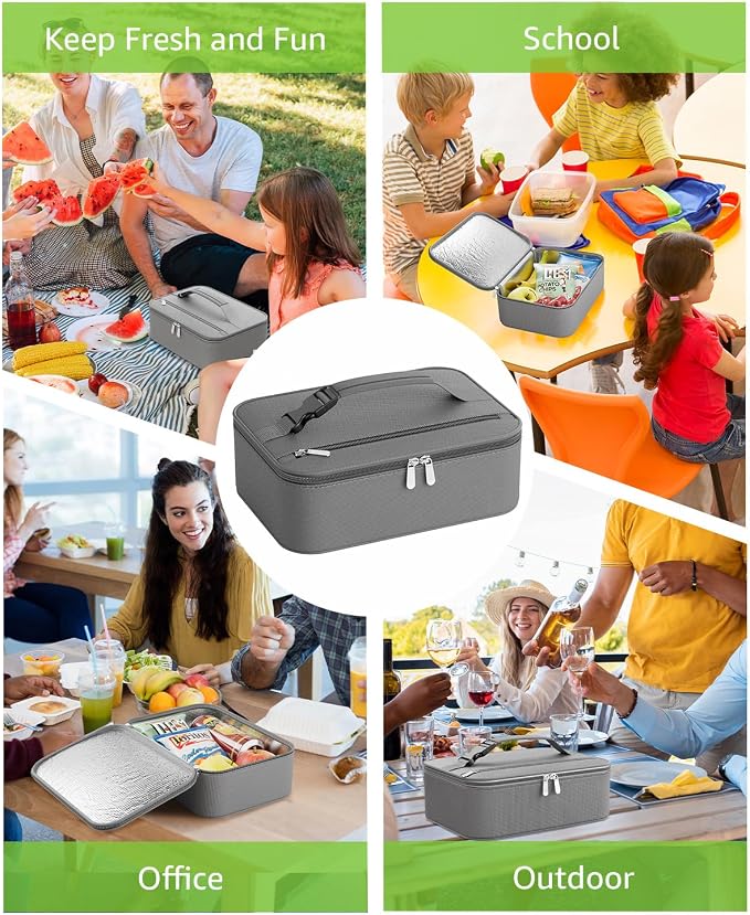 Small Lunch Box Insulated Lunch Bag for Women Men, Bento Kids Lunch Box, Compact Portable Thermal Meal Cooler Bags with Buckle Handle for Work & School, Gray 5L