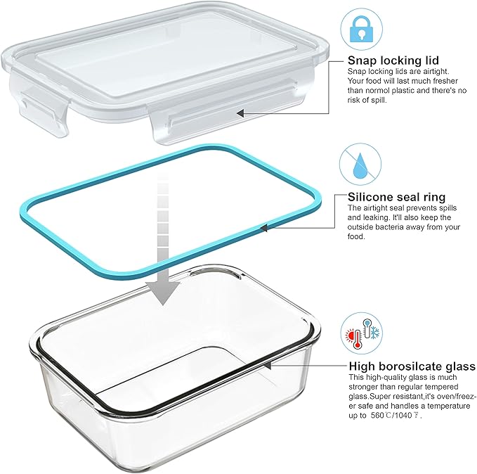 AILTEC Glass Food Storage Containers with Lids, [18 Piece] Glass Meal Prep Containers Set, Airtight Leak Proof, Oven Freezer Dishwasher Safe, BPA Free (9 Lid & 9 Container)