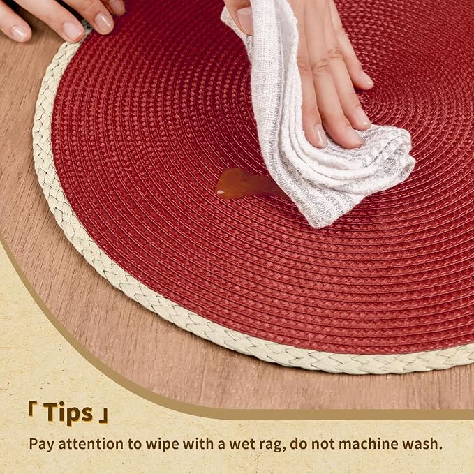 Noctiflorous Braided Round Placemats Set of 4, 15 Inch Woven Table Mats, Non Slip Washable Thin Edge Place Mats for Kitchen Dining Table Decor (Red, 4)