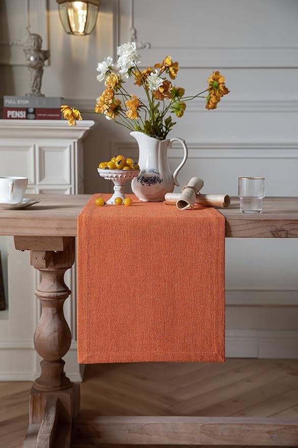 ZeeMart Burlap Style Farmhouse Table Runners 48 Inches Long, Burnt Orange Rustic Woven Dining Fall Table Runner for Everyday Use, 14x48 Inches, Harvest Pumpkin