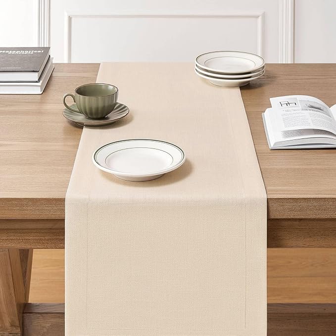 ZeeMart Linen Textured Border Table Runner, 14 x 60 Inch Cream, Farmhouse Style Cream Table Runners 60 Inches Long, Easy Care Everyday Polyester Table Runner