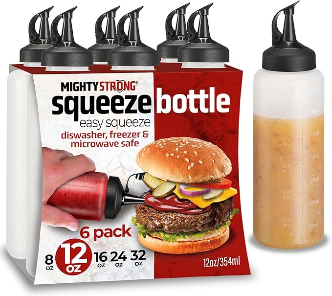 6 Pack Squeeze Bottles for Sauces & Liquids - 12 Oz Easy Pour, Leak Proof Snap Cap Condiment Bottles