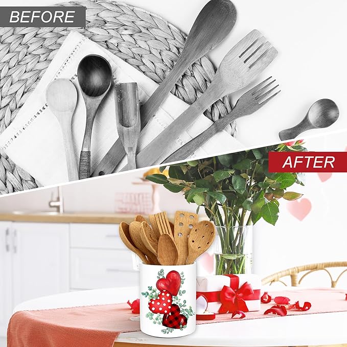 JarThenaAMCS Valentine's Day Ceramic Utensil Holder Green Leaves Red Heart Utensil Crock for Wedding Home Kitchen Countertop Storage Organizer Container