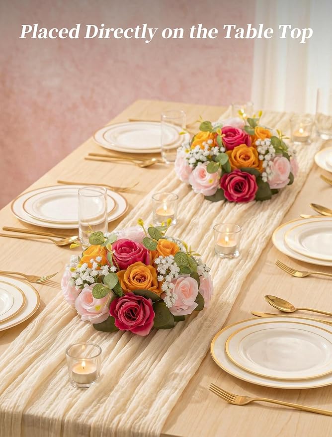 BLOSMON Fake Flower Centerpieces for Tables: 2 Pcs Pink and Orange Artificial Rose Babys Breath Flower Balls Wedding Party Decorations - Faux Silk Floral Arrangement Home Decor