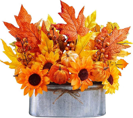 Winlyn 10" Fall Floral Arrangement in Galvanized Metal Oval Planter Artificial Autumn Harvest Maple Leaf Floral Stems Faux Potted Plants Table Centerpiece for Farmhouse Wedding Home Mantel Décor