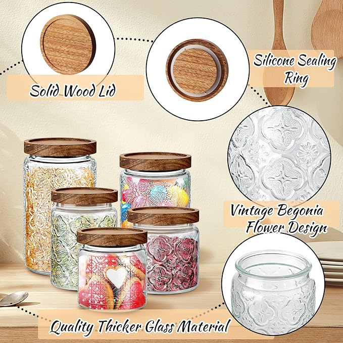 Gerrii 5 Pcs Vintage Glass Food Storage Containers 17/24/34 oz Glass Jar with Lid Airtight Candy Food Canisters for Kitchen Counter Pantry Coffee Beans(Clear,Begonia，sunflower ，window Grilles Round)