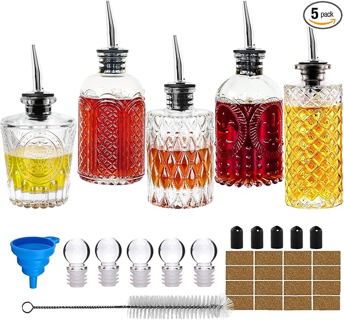 Syrup Dispenser Bottles Set - 5 Pack Simple Syrup Bottles with Metal Pour Spout and Dust Caps,For Syrups,Honey,Olive Oil,Condiments,Syrup Dispenser for Coffee Bar with Labels
