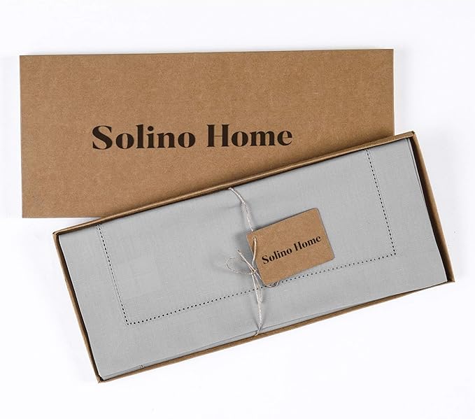 Solino Home Light Grey Table Runner 108 Inches Long - Cotton Linen Hemstitch 14 x 108 Inch Table Runner for Dining, Spring, Summer