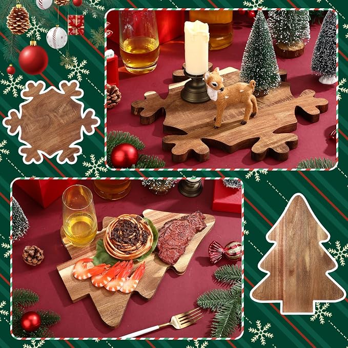 Umigy 2 Pcs Christmas Charcuterie Boards Christmas Tree Wooden Cutting Board with Handle Antler Acacia Wood Cute Cutting Board for Cheese Fruit Bread Salad Vegetables Snack Dessert(Snowflake Style)