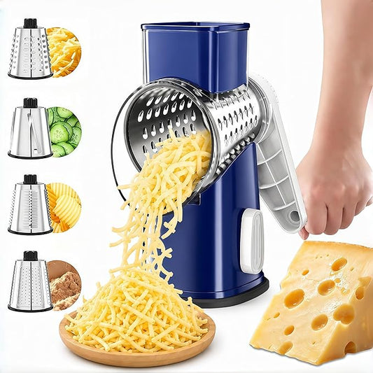 VEKAYA Rotary Cheese Grater Hand Crank with 4 Interchangeable Stainless Steel Blades, Large Manual Handle Shredder and Waffle Slicer for Vegetables, Cheese and Nuts with Table Suction Base(Blue)