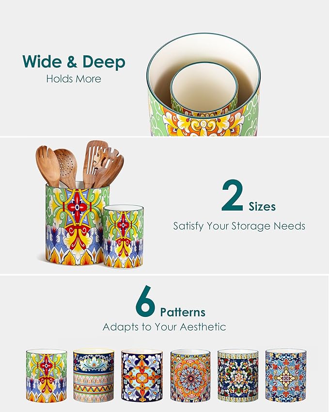 vancasso SIMI Utensil Holder, 7.3"+5.5" Porcelain Kitchen Utensil Holder for Countertop, Bohemian Kitchen Utensil Organizer for Spatulas, Spoons, Ladles, Decorative Counter Utensil Crock, Golden Bloom