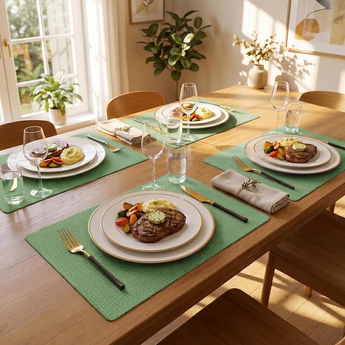 Romanstile Vinyl Placemats Set of 8-12 X 17 Inch - Faux Leather 100% Waterproof Wipeable Anti Slip Place Mats, Heat Resistant Reversible PU Table Mats for Kitchen Dining Party Outdoor, Dark Green