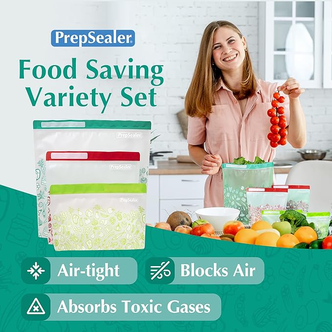 PrepSealer Reusable Food Storage Bags – Keep Fruits, Veggies & Meats Fresh Longer -10 Pieces (3 S, 3 M, 4 L)
