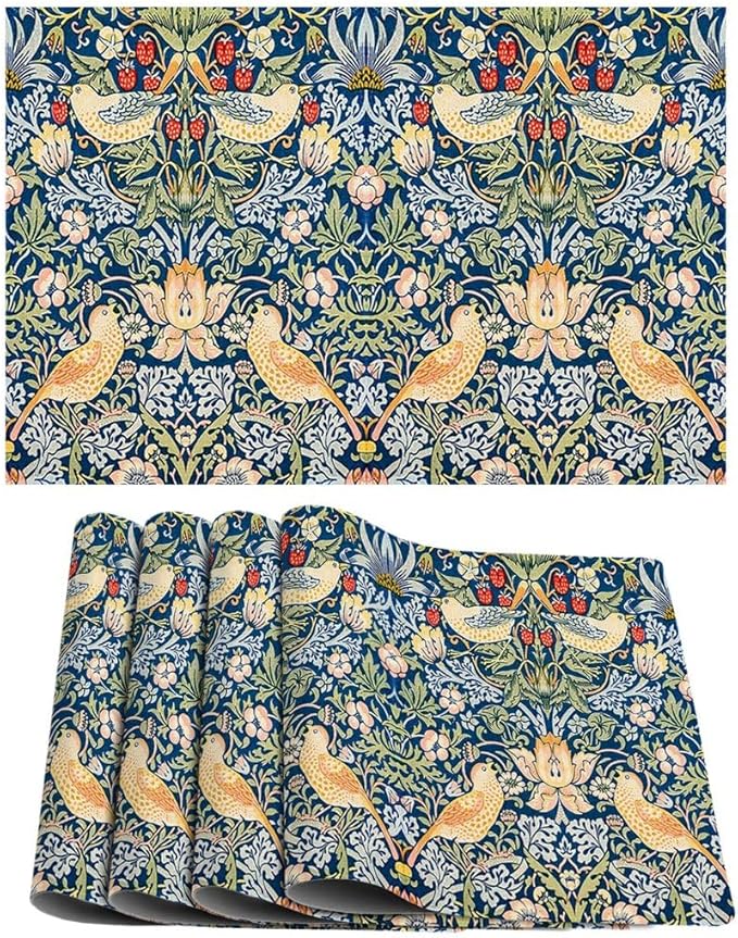Vintage Strawberry Bird Placemats Set of 4 William Morris Floral Washable Heat Resistant Place Mats for Dining Table Boho Rustic Nature Botanical Linen Woven Wipeable Kitchen Table Mats Blue