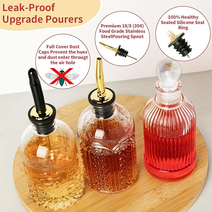 Coffee Syrup Dispenser Bottles Set 6 Pack 7 OZ, Simple Small Glass Syrup Bottles for Coffee Bar with Metal Pour Spout Ideal for Coffee Syrups, Honey