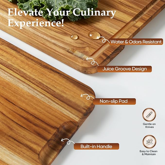 2 Pack Teak Cutting Board Set for Kitchen Wood Charcuterie Board Wooden Cutting Boards Non Toxic Heavy Duty Slip Over Sink Solid Thick Chopping Board