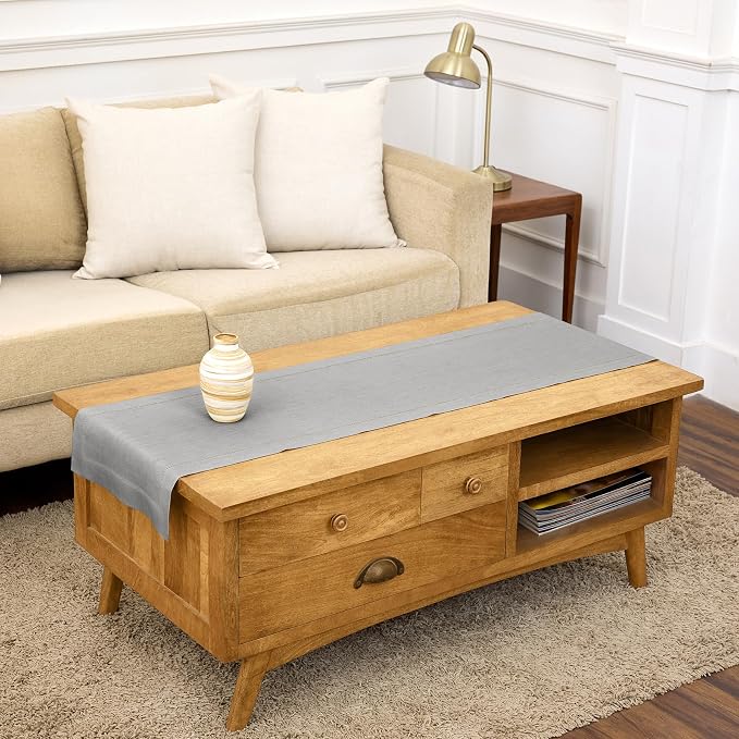 Solino Home Linen Soft Grey Table Runner 60 Inches - Classic Hemstitch, 100% Pure Linen Coffee Table Runner 14 x 60 Inch Ideal for Dresser Tables - Summer