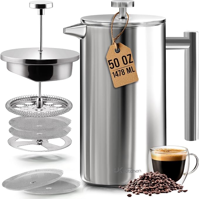 Utopia Kitchen 304 Grade Stainless Steel French Press 50 Oz, Silver | Double Wall Insulated Coffee Press with 4-Level Filtration System, Include 2 Extra Filters, Rust-Free, Dishwasher Safe
