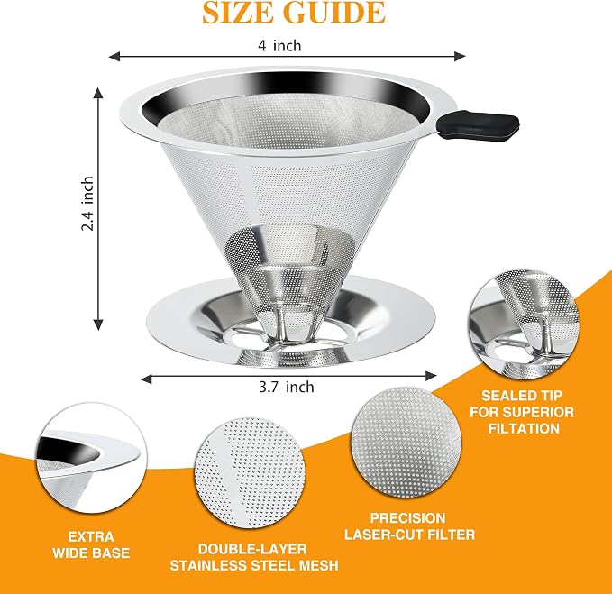 Pour Over Coffee Dripper Slow Drip Paperless Coffee Filter, Double Mesh Stainless Steel Pour Over Coffee Maker for Single Cup Brew Cone Filter, Integrated Cone Coffee Drip Fine Mesh Strainer(1-2 Cup)