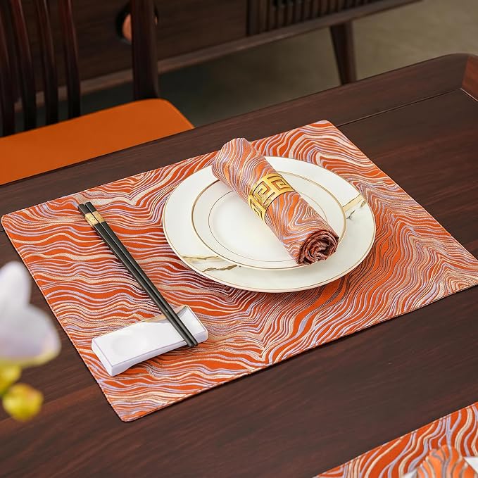 Orange Placemats Set of 6, 12x18 Inch Mountain-Inspired Jacquard Place Mats, Double Sided Reversible Non Slip, Irregular Woven Texutre Table Mats, Modern Dining Table Decor for Kitchen