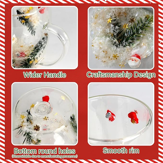 Christmas Glass Coffee Mugs Set Of 4-12oz Double Wall Insulated High Borosilicate Glasses Mugs With Handle For Latte,Cappuccino,Tea Bag