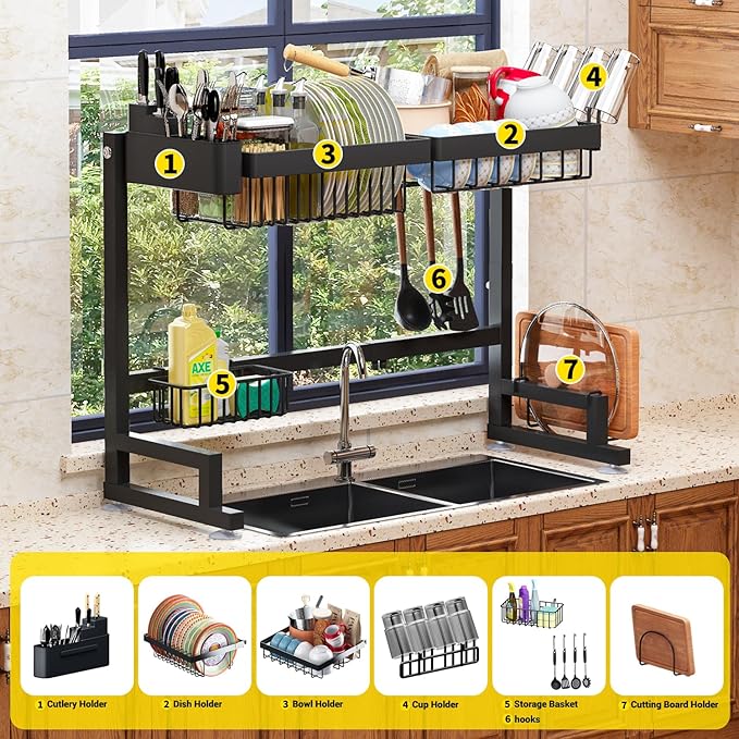 ilvvan Over Sink Dish Drying Rack (Expandable Height/Length) Snap-On Design Large Dish Drainer Storage Counter Organizer 24" - 35.5"(L) x 12"(W) x 19" - 22"(H)