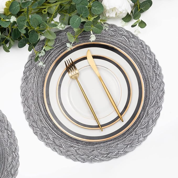 SHACOS Round Placemats Set of 6 Woven Round Table Mats 15 inch Braided Border Washable Cotton Polyester Circle Place Mats, Gray (Pack of 2)