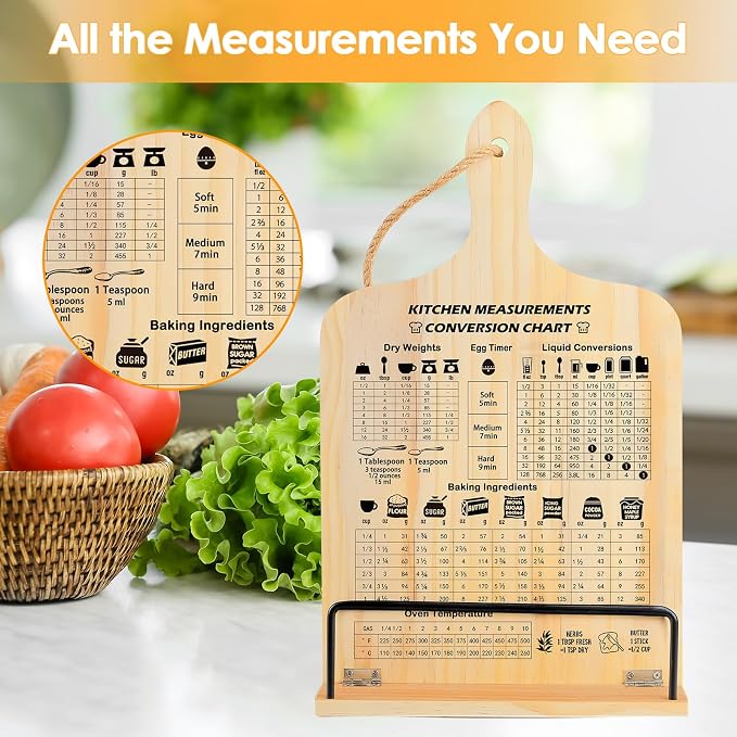 comfoyar Cookbook Stand for Kitchen Counter, Sturdy Recipe Book Holder with Adjustable Angle, Foldable Wood Cook Book Stand Holder with Measurement Conversion Chart for Baking, Easy Storage