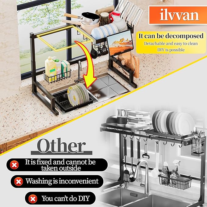 ilvvan Over Sink Dish Drying Rack (Expandable Height/Length) Snap-On Design Large Dish Drainer Storage Counter Organizer 24" - 35.5"(L) x 12"(W) x 19" - 22"(H)