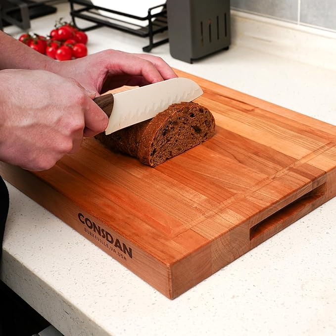 CONSDAN Solid Cherry Wood Cutting Board for Kitchen, USA Grown Hardwood, 16 x 12, with Invisible Inner Handle, Prefinished with Food-Grade Oil, Suitable for Kitchen Edge Grain, 1-1/2" Thick