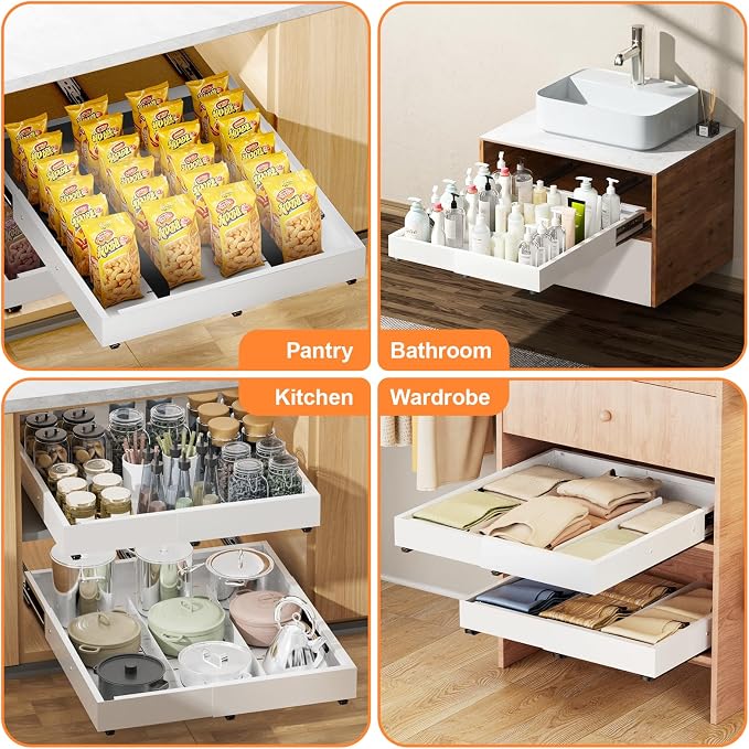Pull out Cabinet Organizer Expandable W(12"-20") and D(16"-22"), No Drill Adjustable Slide Out Drawers With 3 Slide Rails, 2Pcs Magnetic Panel, Adhesive Roll out Shelves for Kitchen, Cabinets, Pantry
