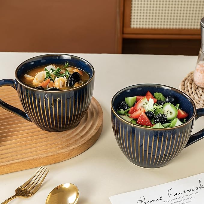 Ceramic Large Coffee Mugs with Handles, 24 oz Coffee Cups, Large Soup Mugs for Hot Chocolate, Cappuccino, Ramen, Oatmeal, Soup Mugs with Handles, Dishwasher and Microwave Safe((Vertical Stripe Blue)