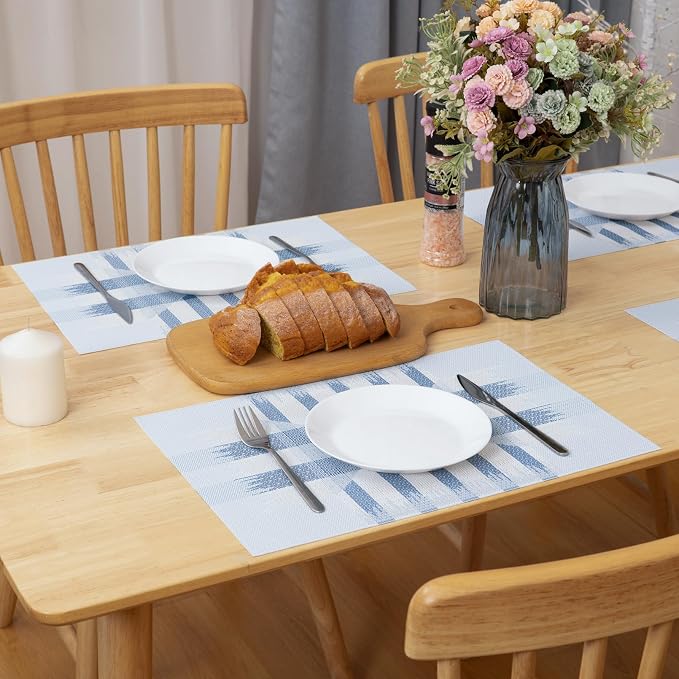 Winknowl Placemats Set of 4, Heat Resistant Stain Resistant Woven Vinyl Insulation Place mats, Durable Washable Elegant Table Mats for Kitchen Dining Table Decor (Geometric Blue)