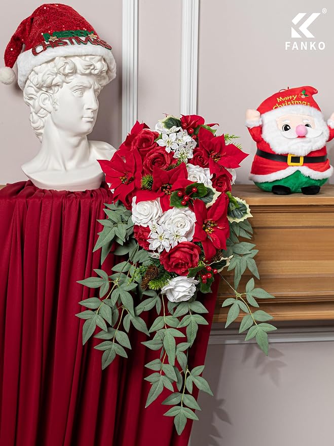 FANKO Artificial Flowers for DIY, Red White Faux Flowers Christmas Style Bouquet, Fake Rose Poinsettias Silk Flowers for Vase, Home Decor, Rustic Wedding, Party, Themed Birthday