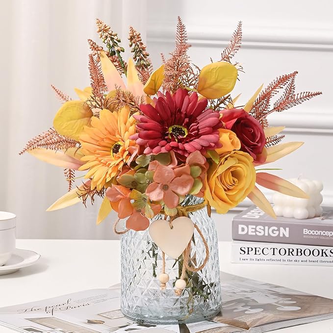 MARTINE MALL Artificial Dahlia Flowers with Vase, Silk Fall Flowers in Vase - Fall Decor for Home Centerpieces, Thanksgiving Party, Rustic Wedding